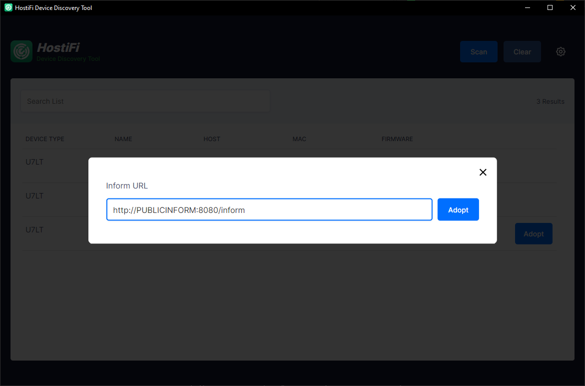HostiFi Device Discovery Tool adopt inform URL