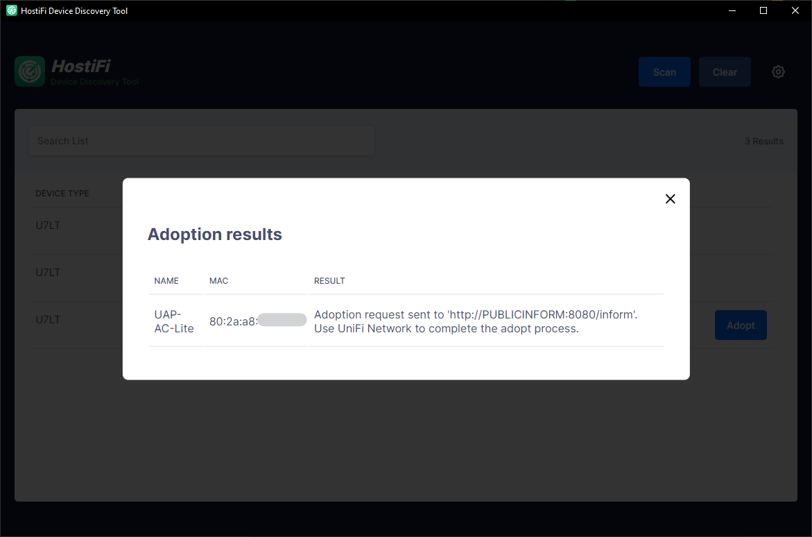 HostiFi Device Discovery Tool adoption results