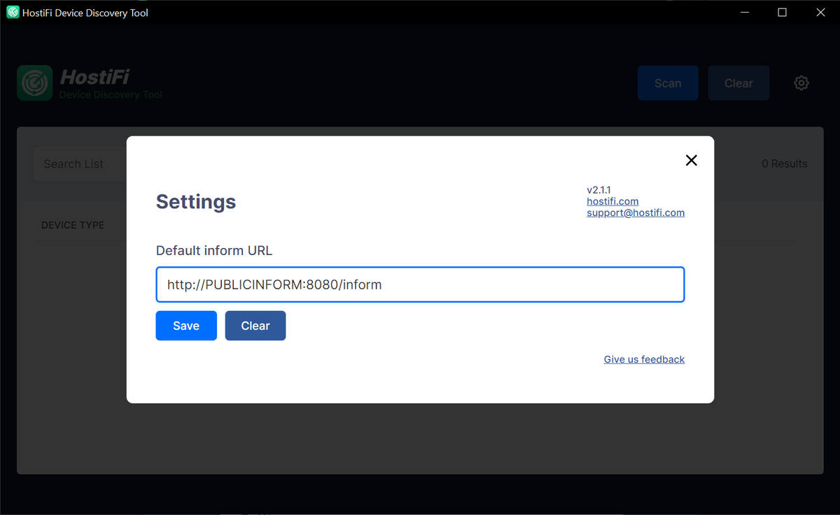 HostiFi Device Discovery Tool settings